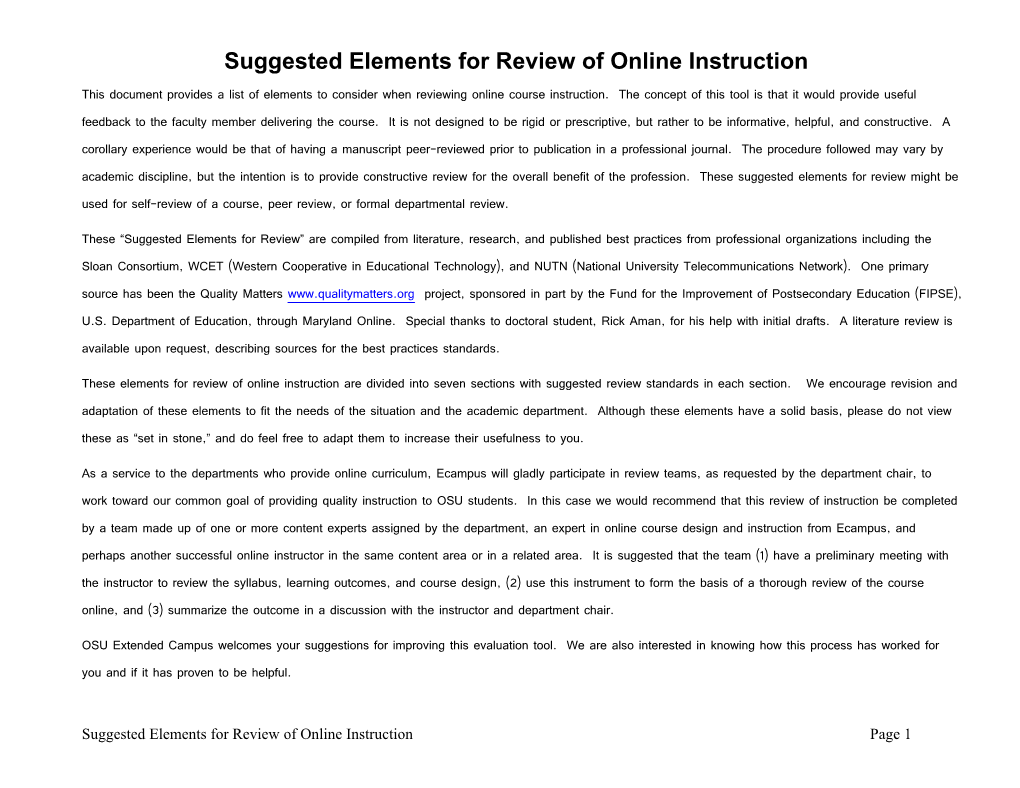 Suggested Elements for Review of Online Instruction
