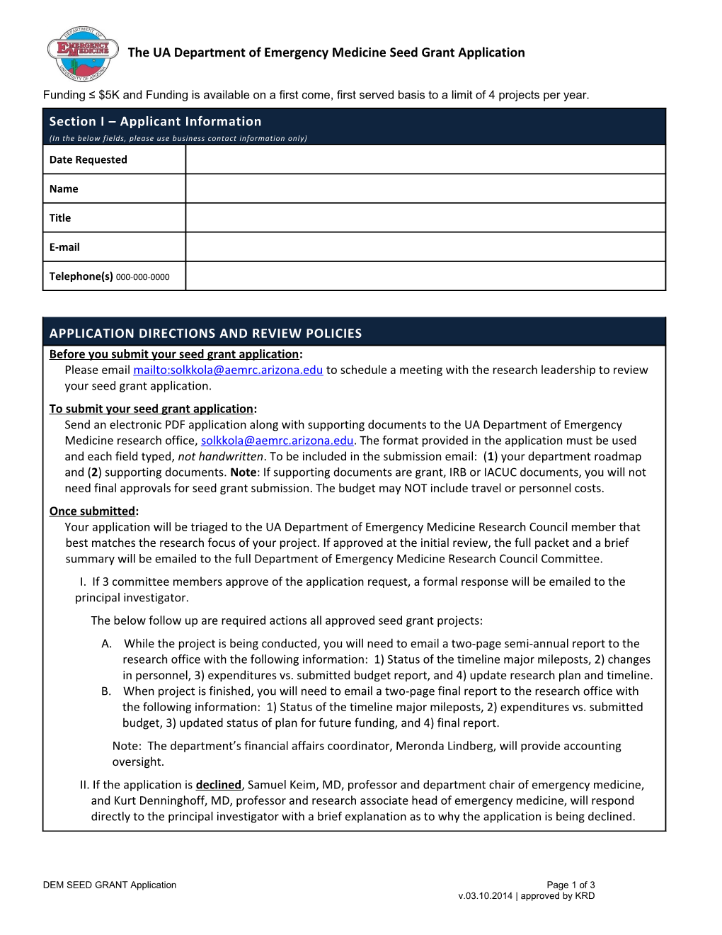 The UA Department of Emergency Medicine Seed Grant Application