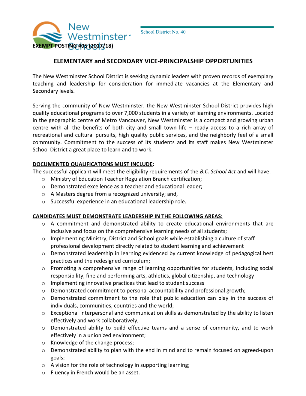 ELEMENTARY and SECONDARY VICE-PRINCIPALSHIP OPPORTUNITIES