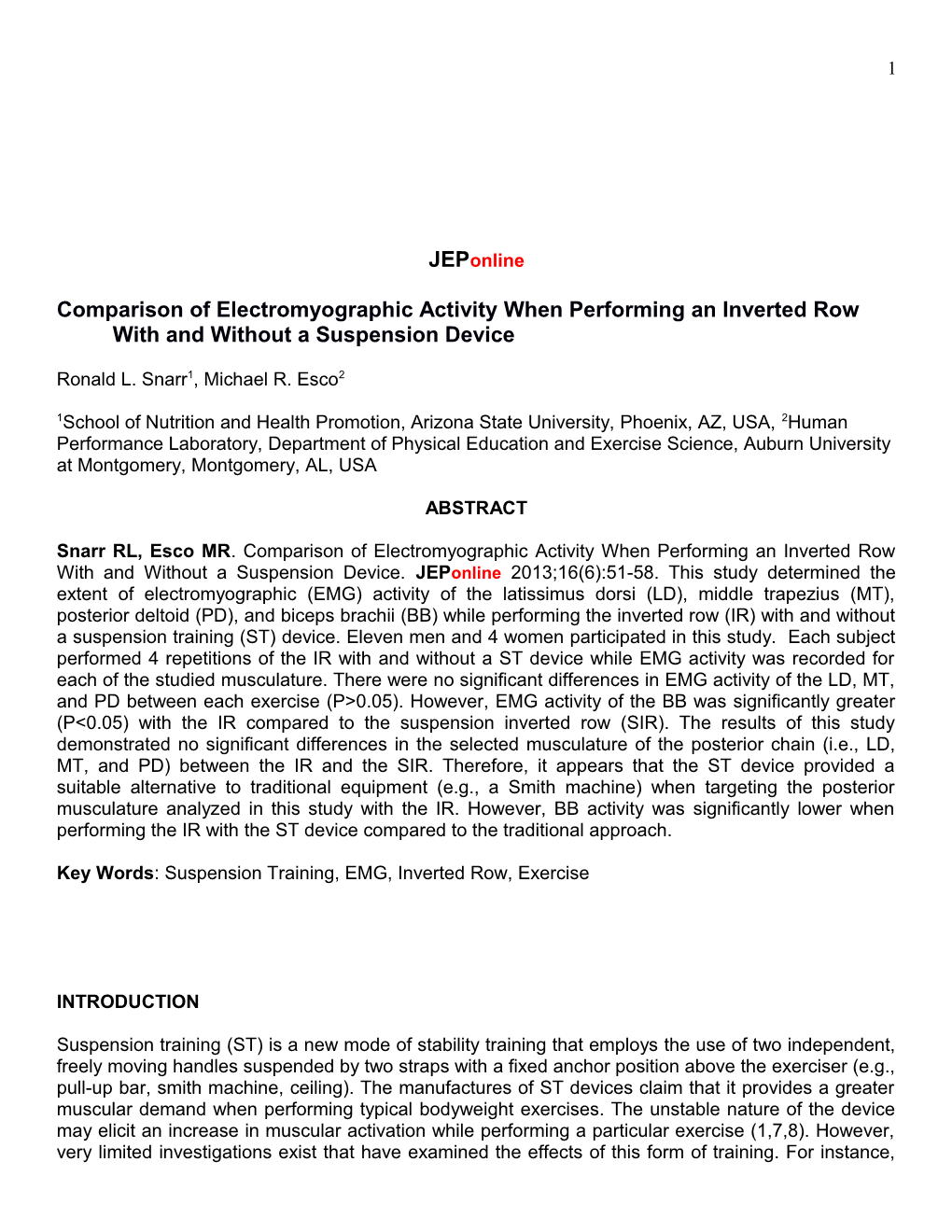 Comparison of Electromyographic Activity When Performing an Inverted Row with and Without