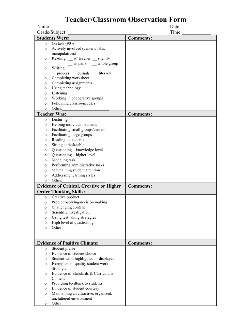 Teacher/Classroom Observation Form