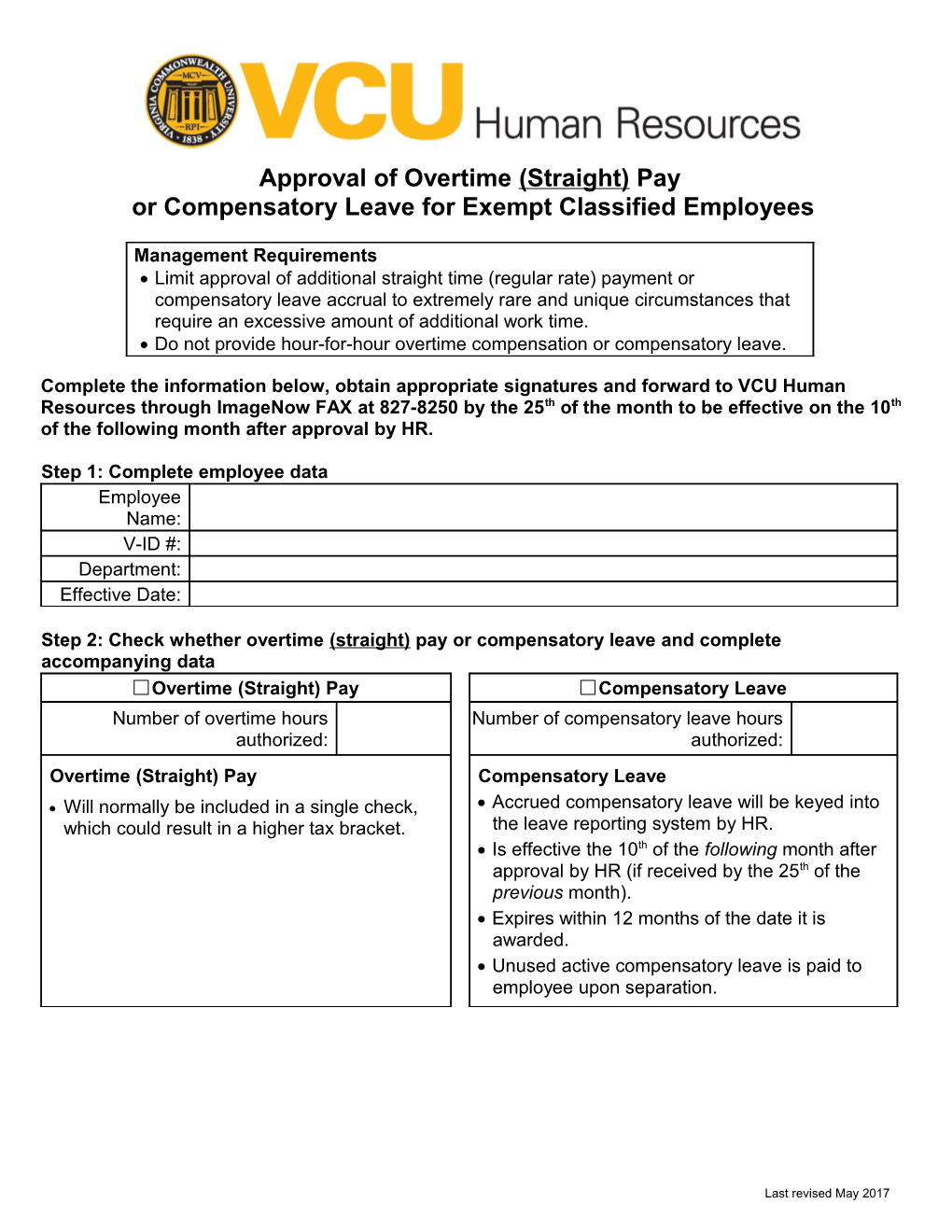 Approval of Overtime (Straight) Pay Or Compensatory Leave for Exempt Classified Employees