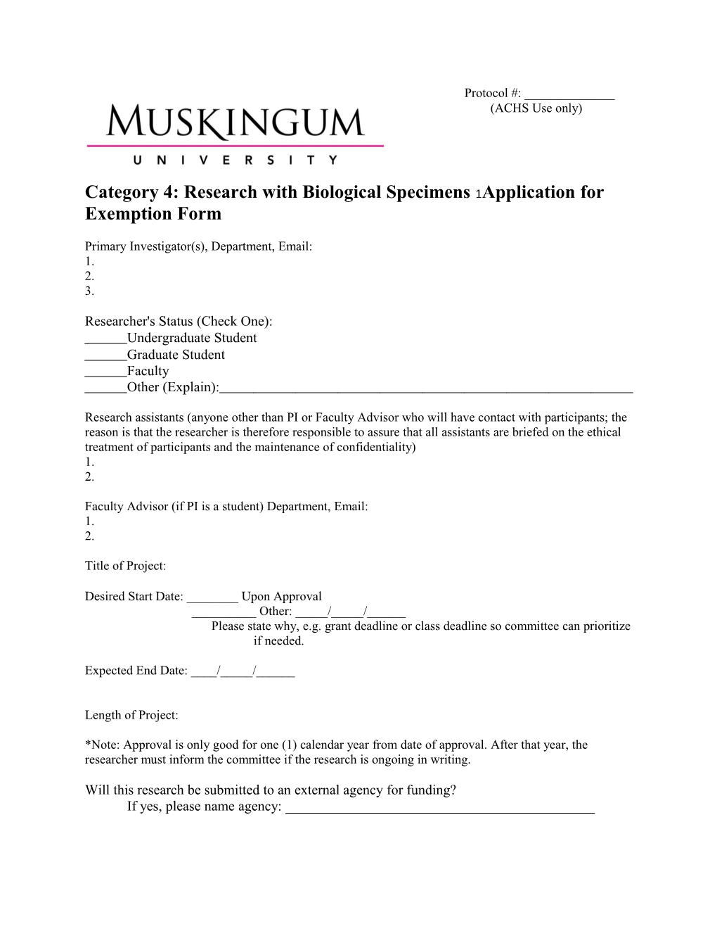 Category 4: Research with Biological Specimens Application for Exemption Form