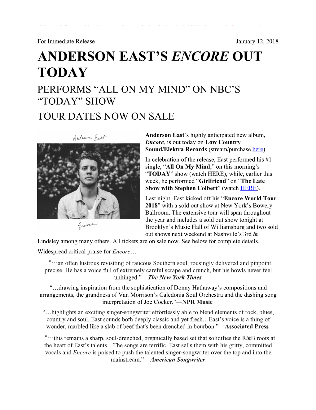 Anderson East S Encore out Today