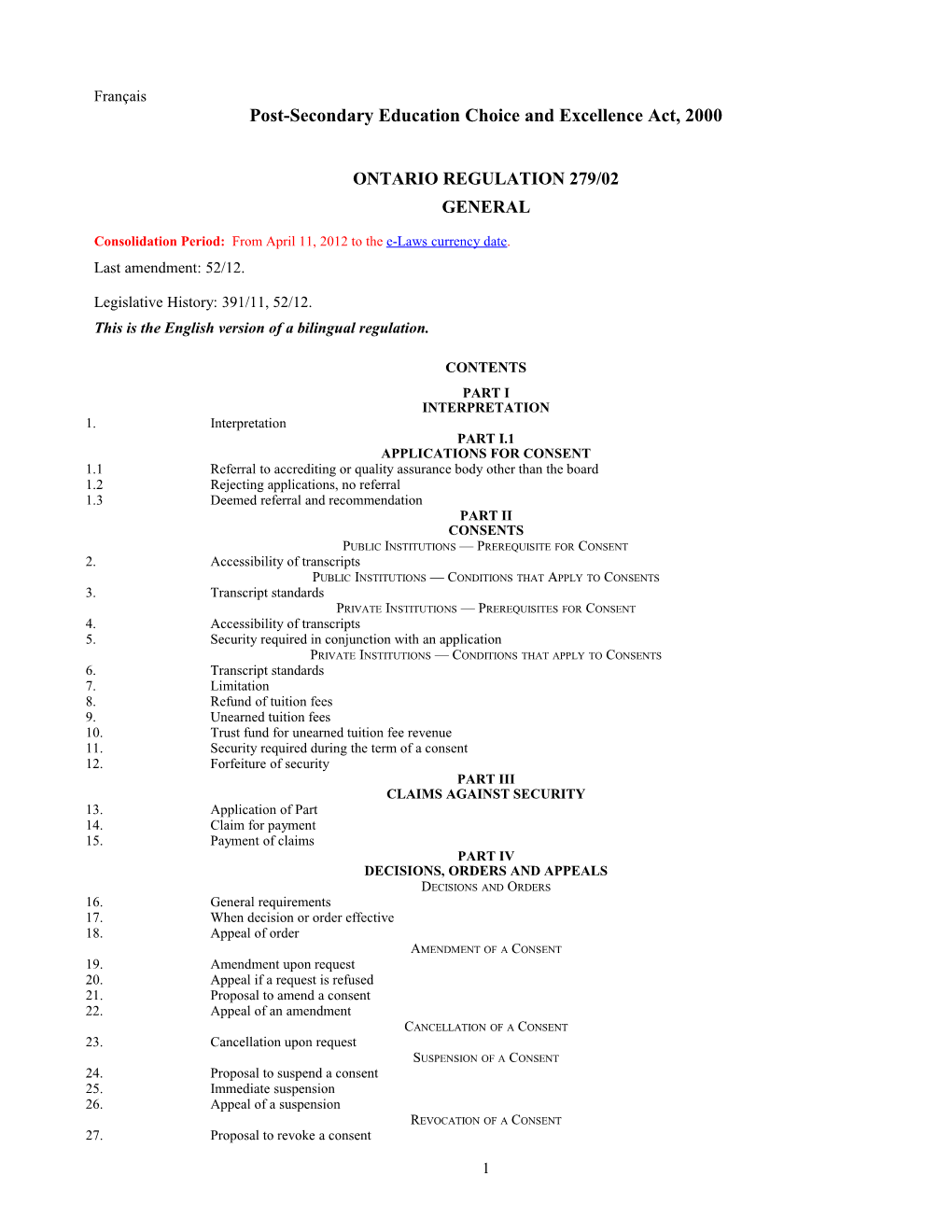 Post-Secondary Education Choice and Excellence Act, 2000 - O. Reg. 279/02