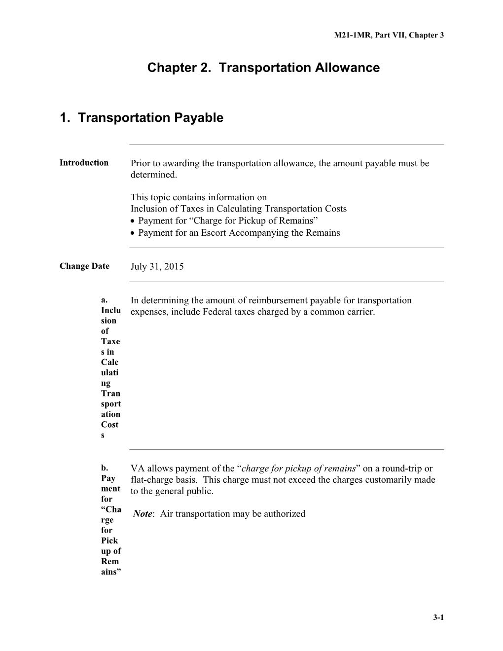 M21-1MR, Part VII, Chapter 3. Transportation Allowance