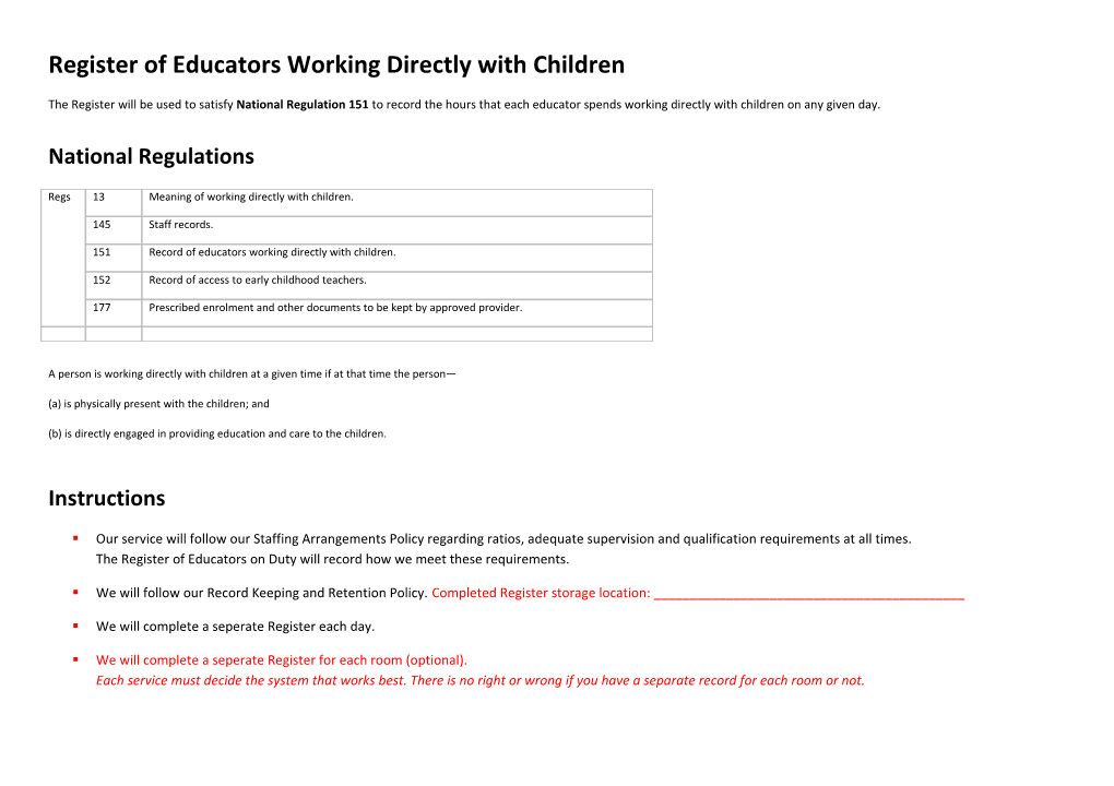 Register of Educators Working Directly with Children Date ___/___/___Room ______