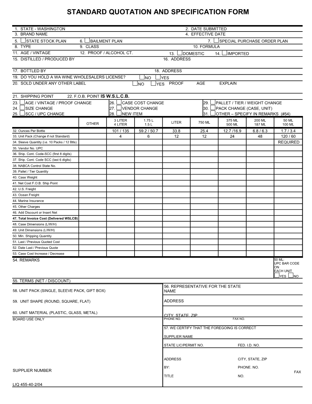 Standard Quotation And Specification Form