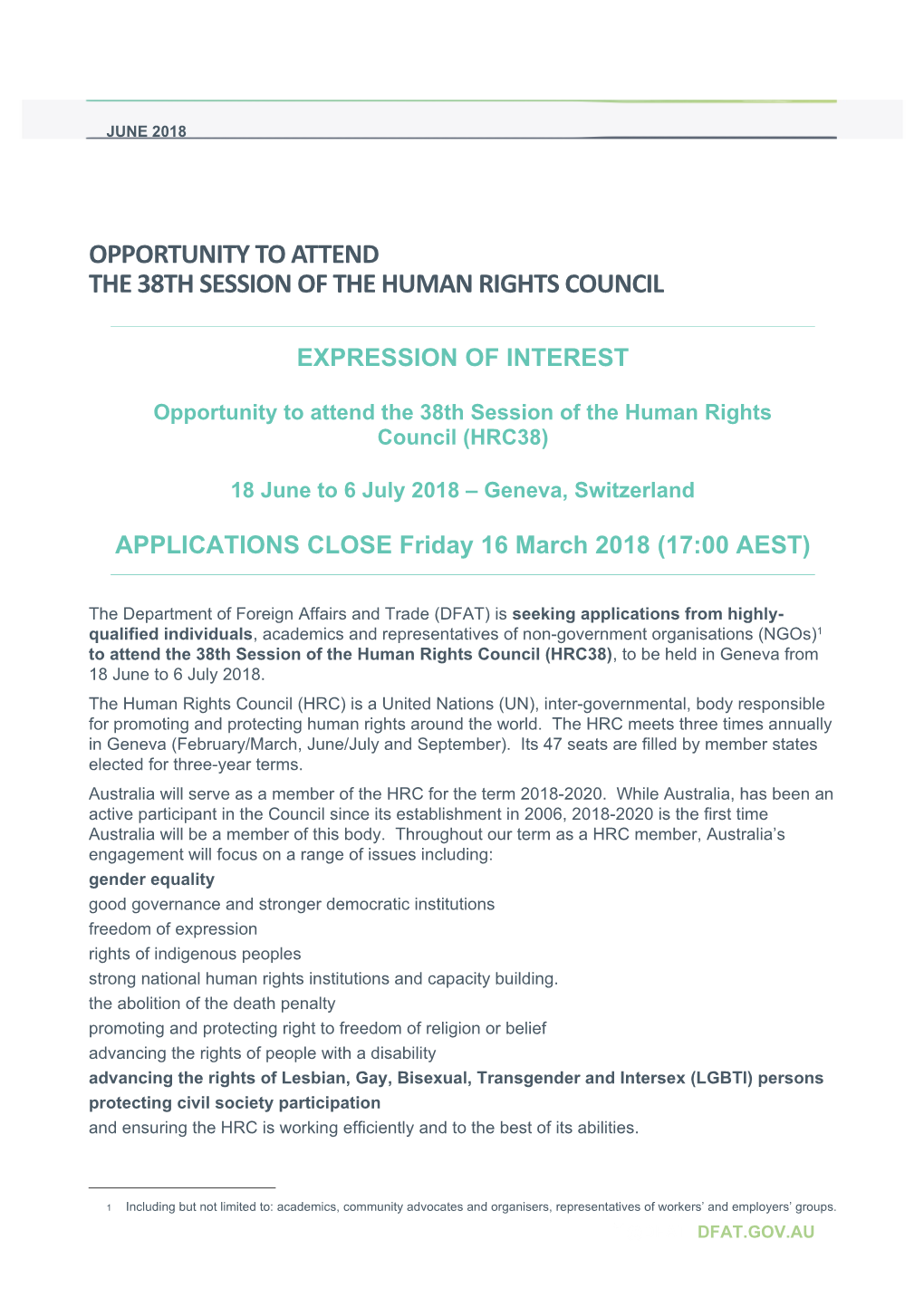 Opportunity to Attend the 38Th Session of the Human Rights Council (HRC38), June-July 2018