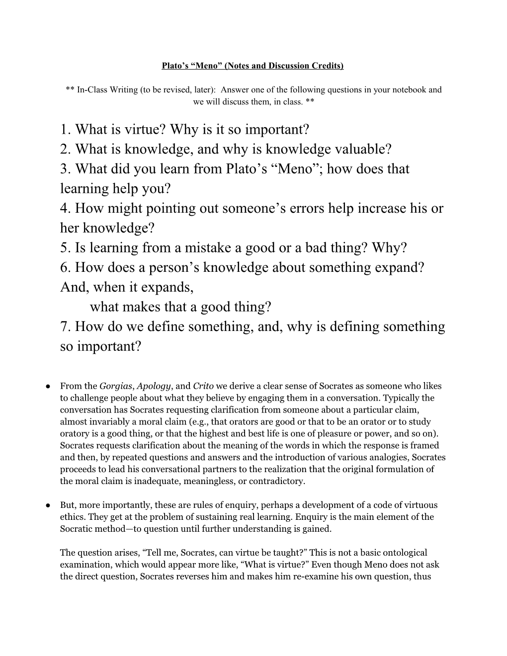 ENGL 2150 - Notes on Plato's Meno & Business Ethics