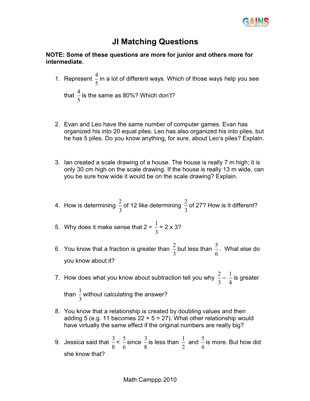 NOTE: Some of These Questions Are More for Junior and Others More for Intermediate