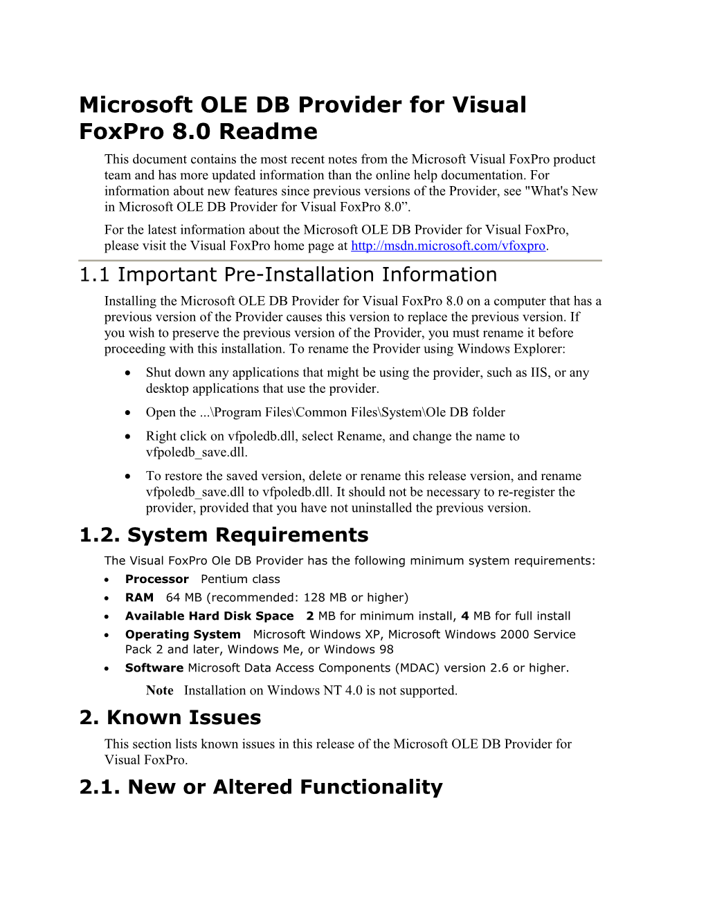 Microsoft OLE DB Provider for Visual Foxpro 8.0 Readme