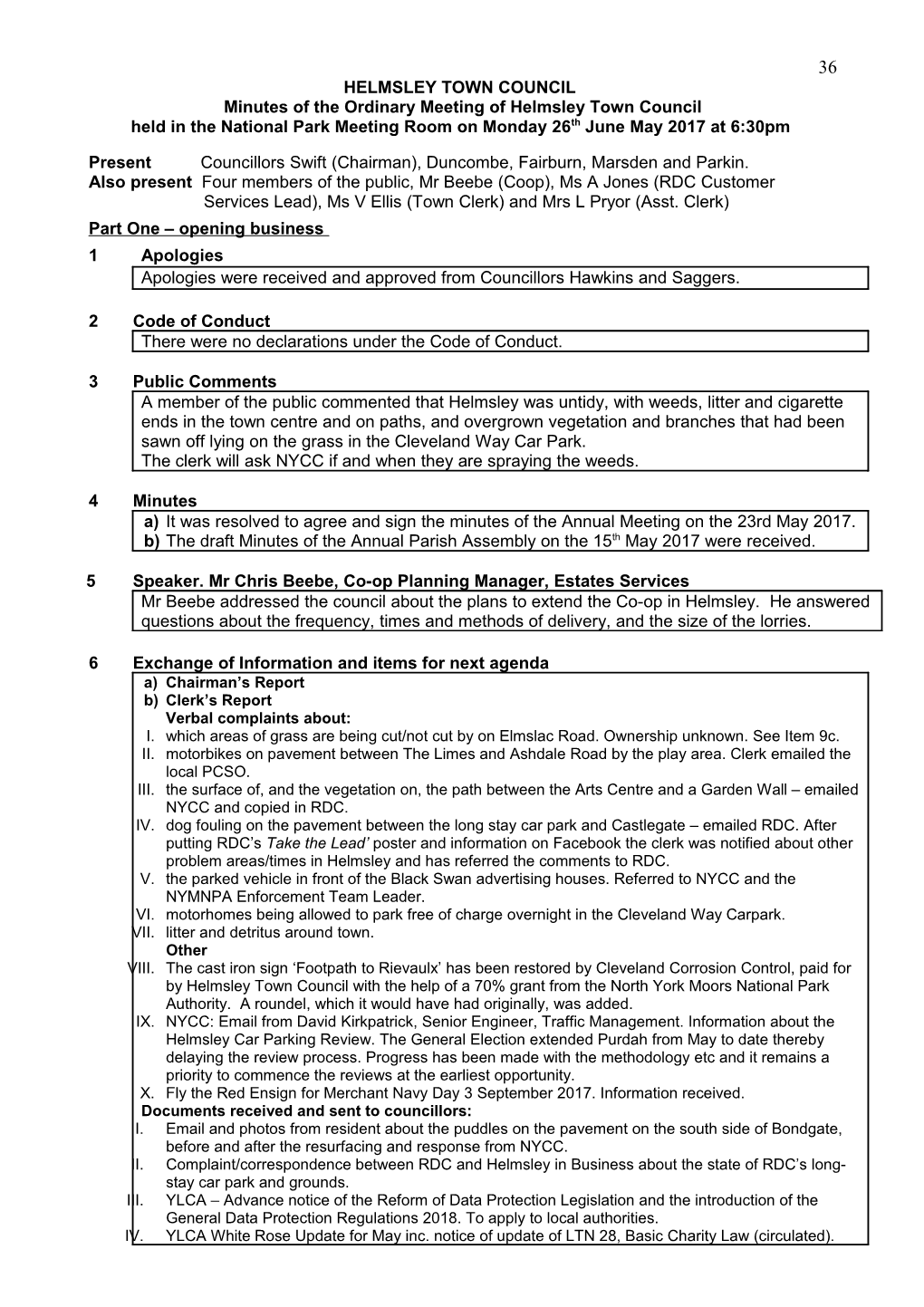 Minutes of the Ordinary Meeting of Helmsley Town Council