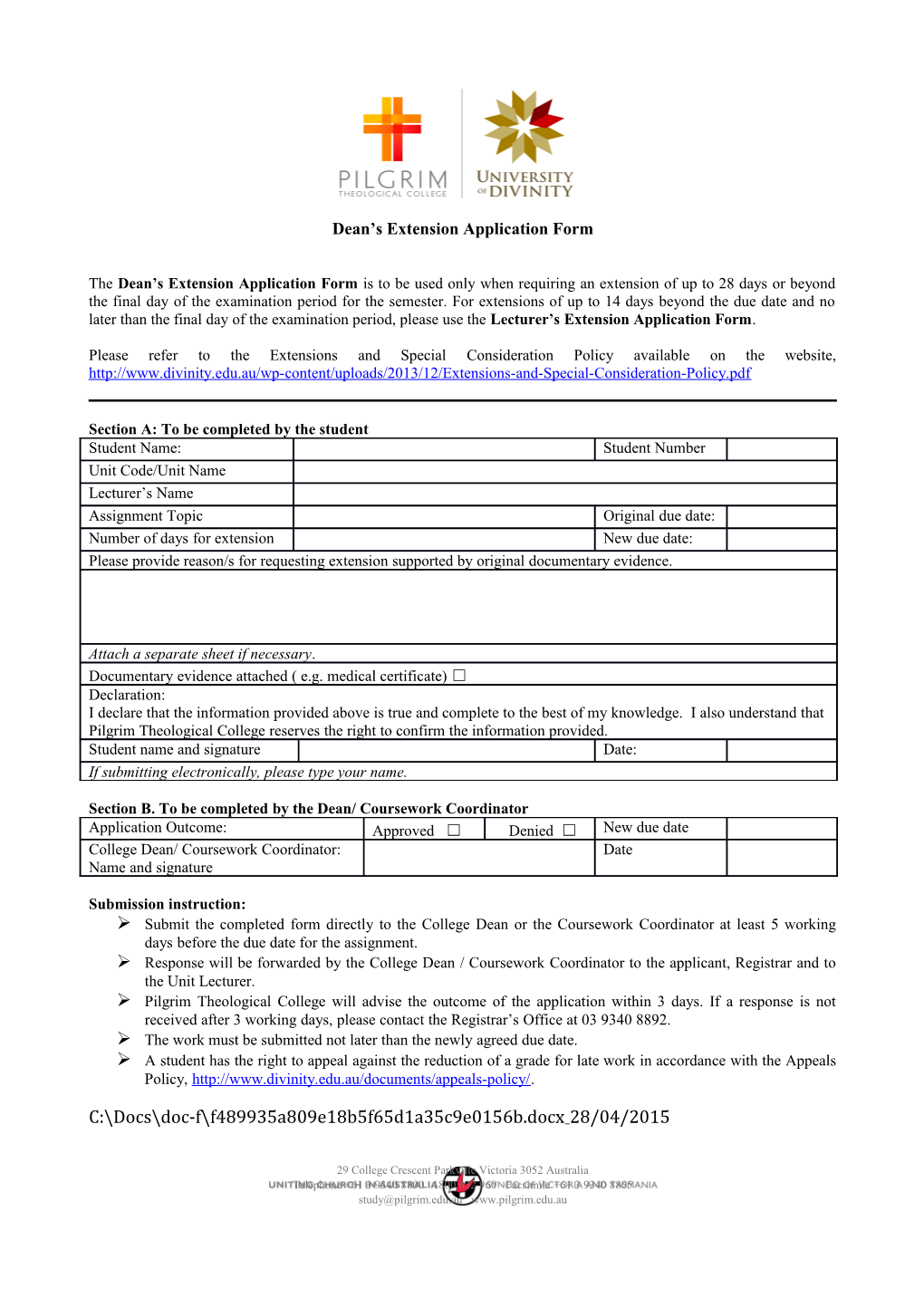 Dean S Extension Application Form