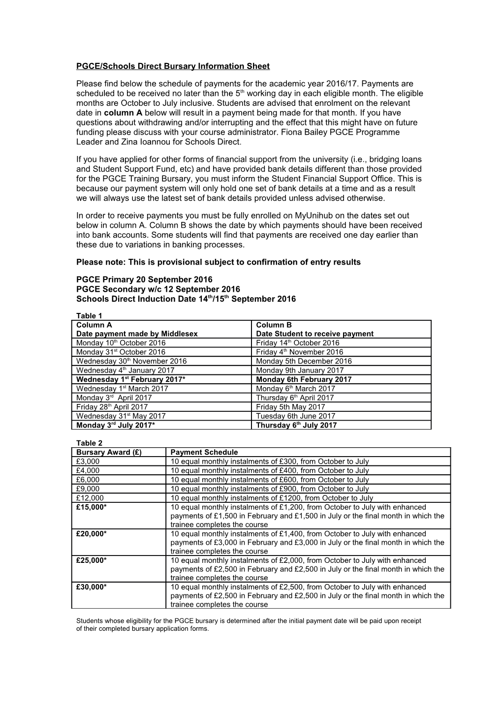 PGCE/Schools Direct Bursary Information Sheet
