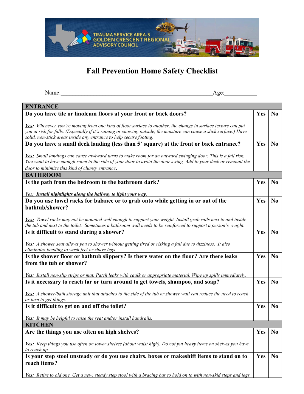 Fall Prevention Home Safety Checklist