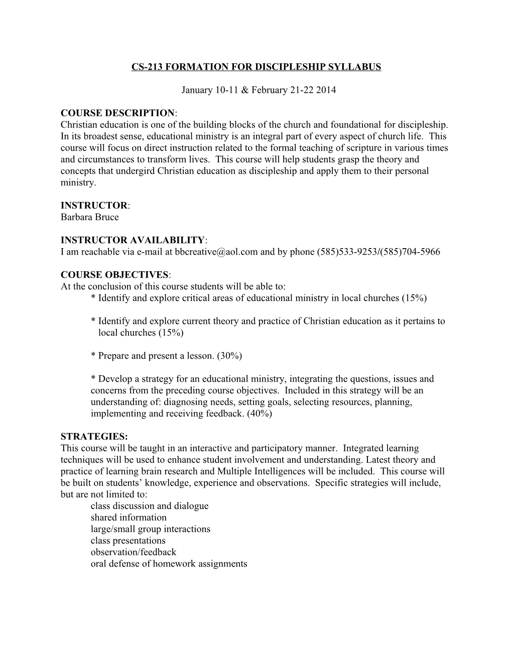 Cs-213 Formation for Discipleship Syllabus