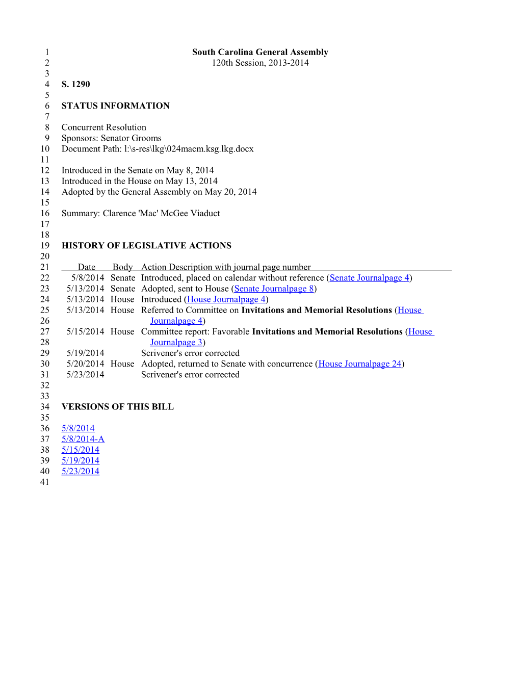 2013-2014 Bill 1290: Clarence 'Mac' Mcgee Viaduct - South Carolina Legislature Online