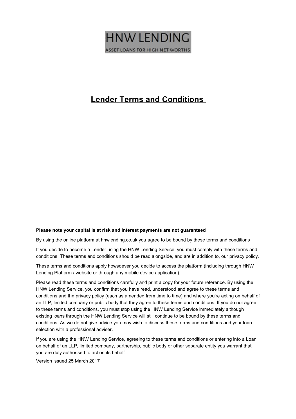Lender Terms and Conditions