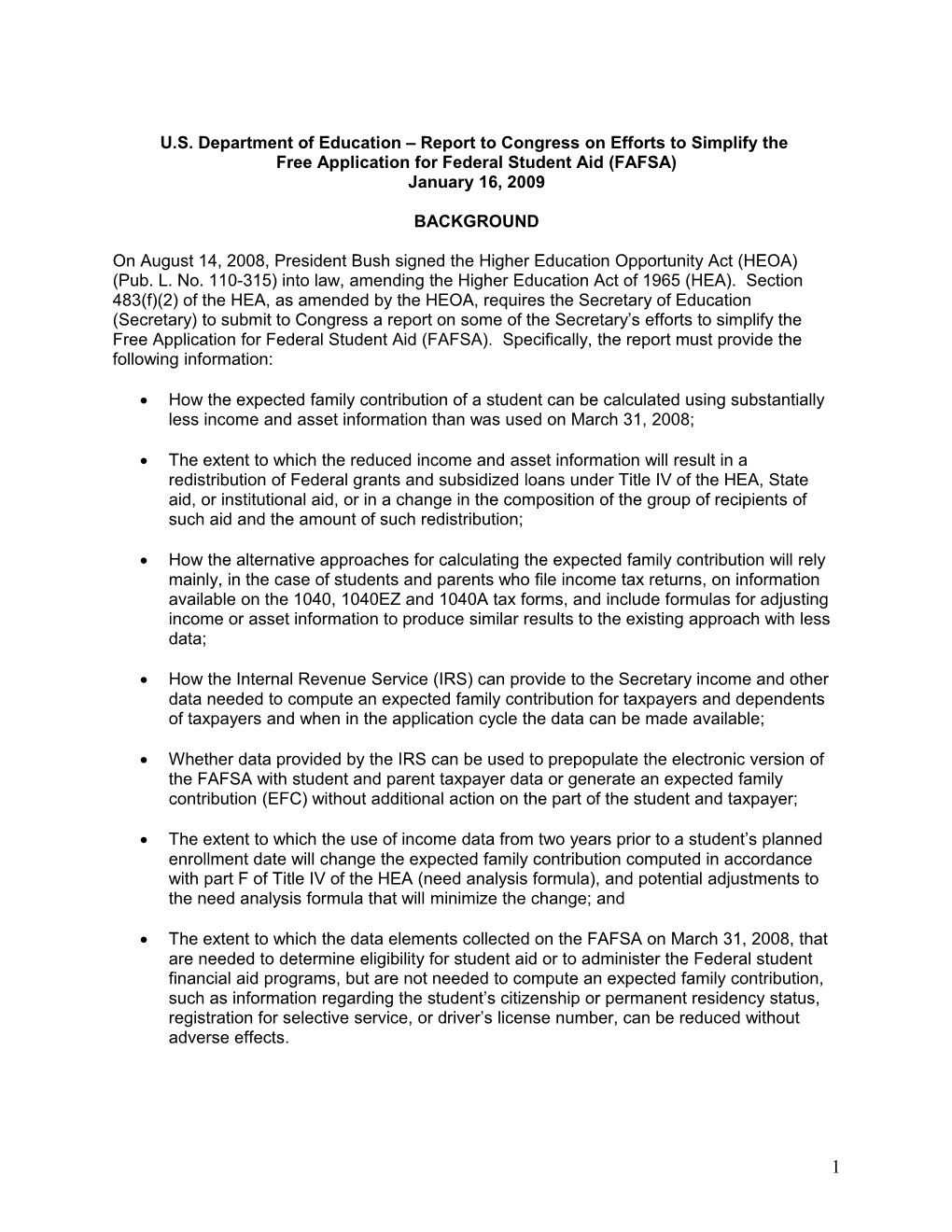 U.S. Department of Education Report to Congress on Efforts to Simplify The