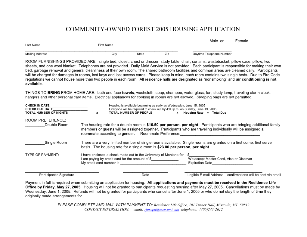 Mt Tennis Association 2002 Summer Housing Application