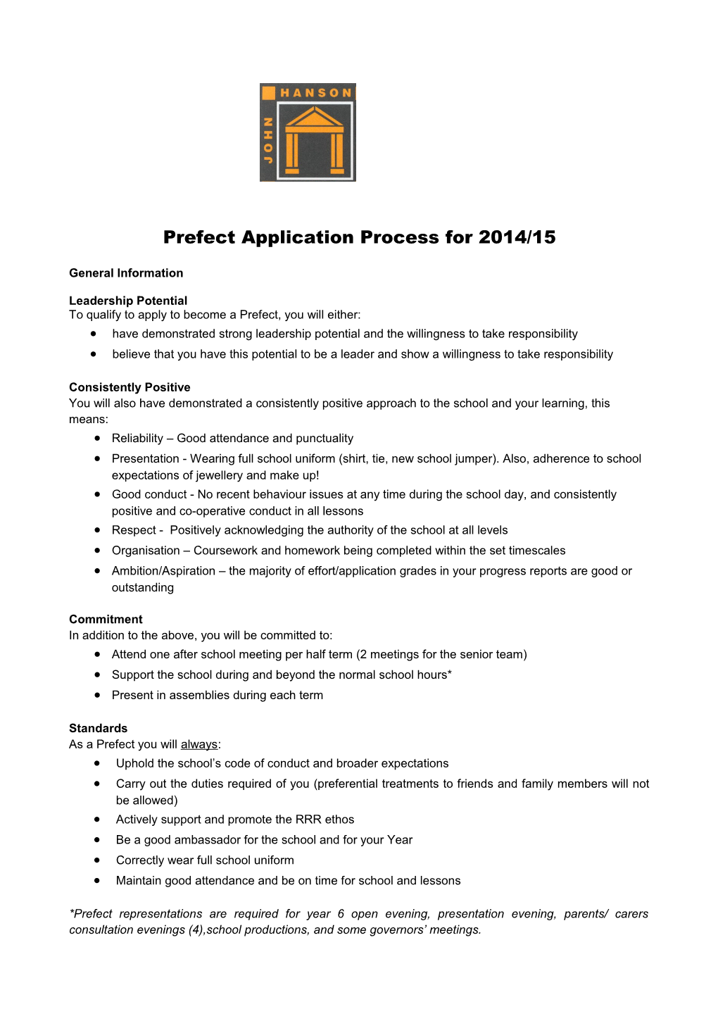 Prefect Application Process for 2014/15