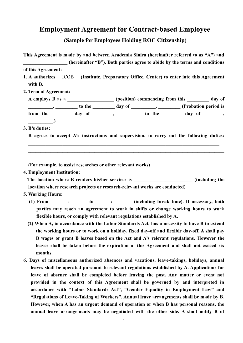 Employment Agreement for Contract-Based Employee