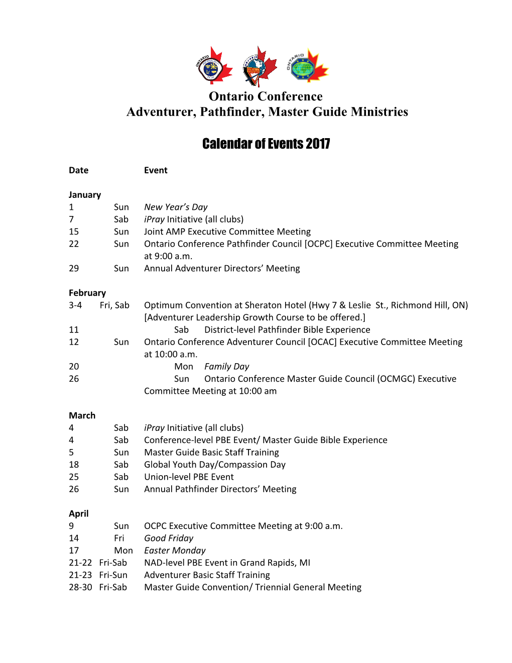 Ontario Conference Calendar of Events 2011(Draft)