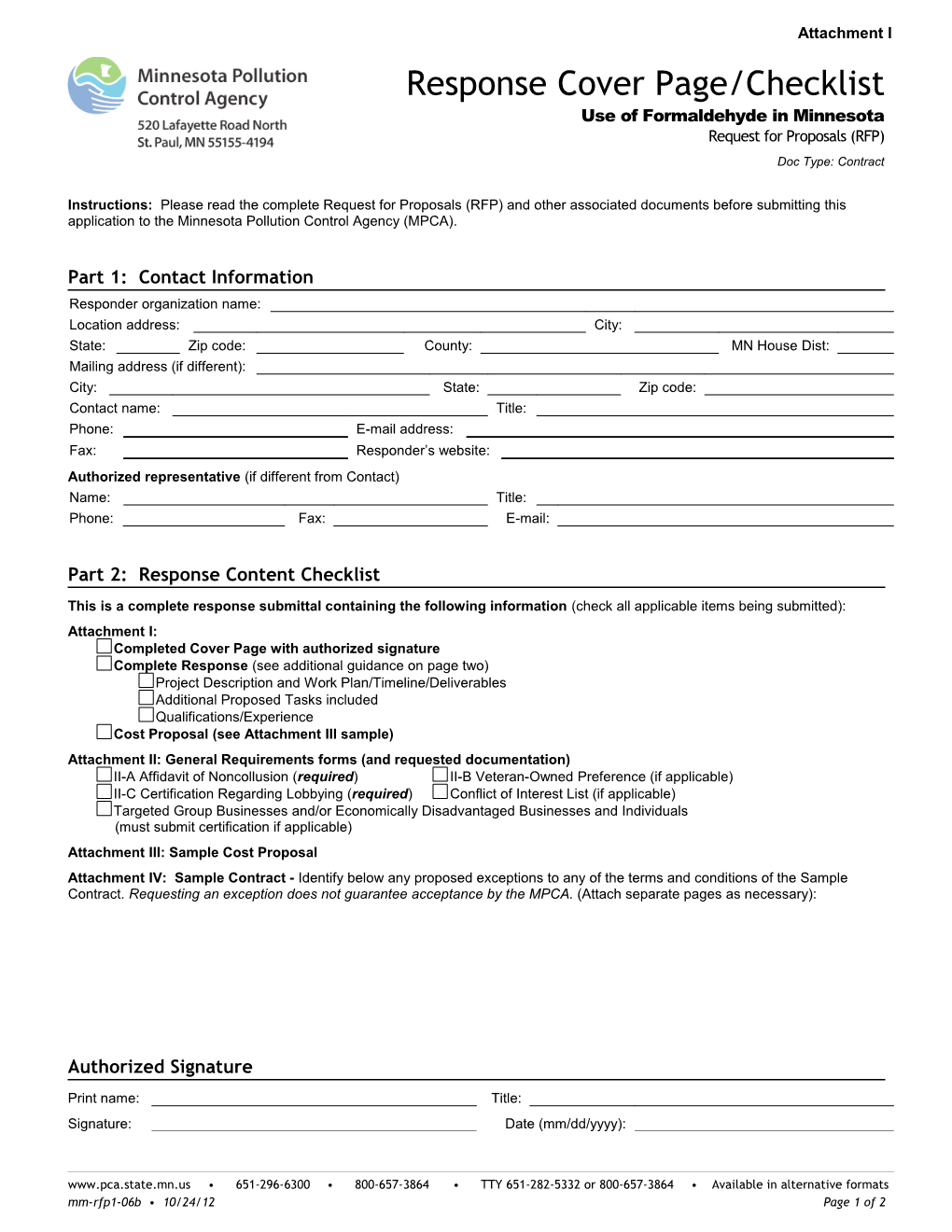 Response Cover Page/Checklist - Att I -Use of Formaldehyde in Minnesota - Form