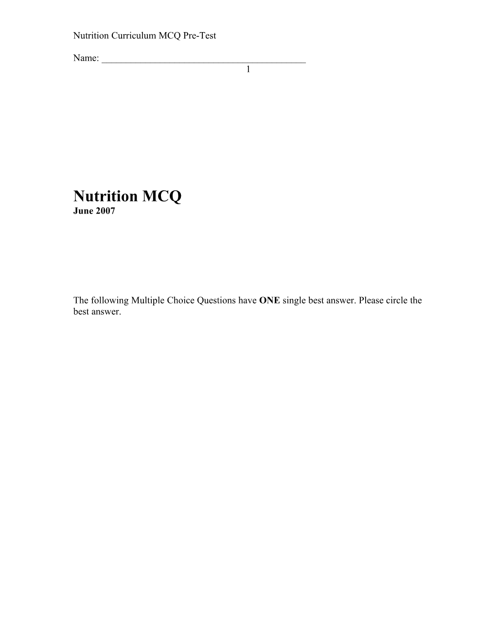 Nutrition Curriculum MCQ Pre-Test