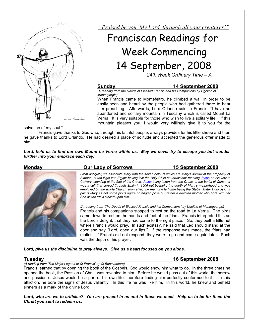Franciscan Readings for Week Commencing 14Th July, 2003