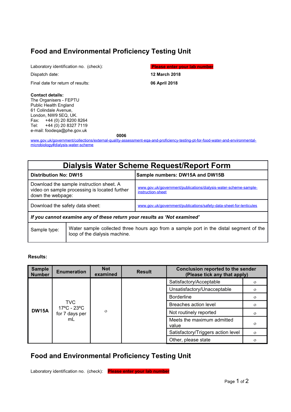 Dialysis Water Scheme Request Report Form