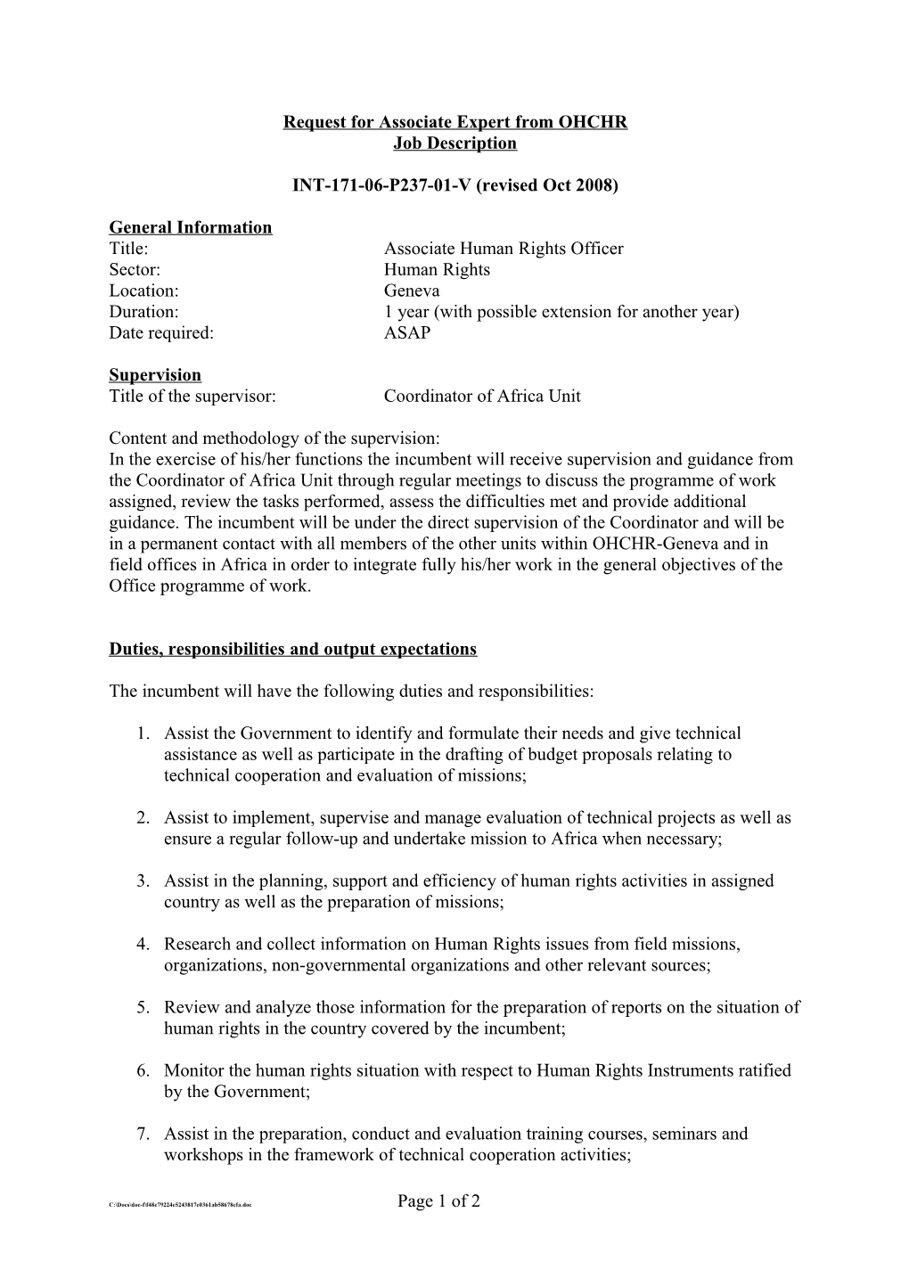 Request for Associate Expert from OHCHR