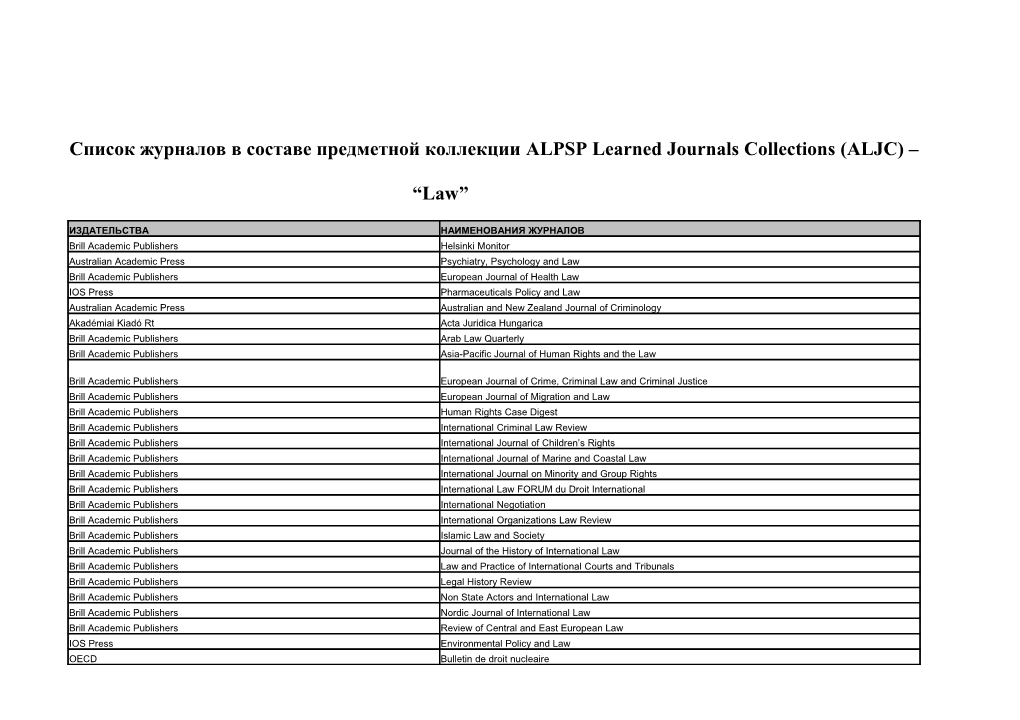 Список Журналов В Составе Предметной Коллекции ALPSP Learned Journals Collections (ALJC)
