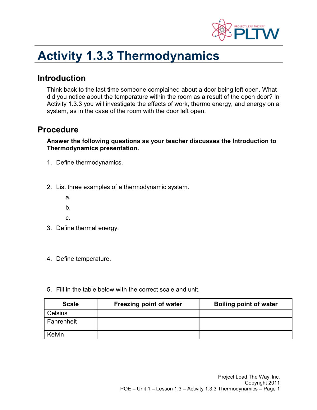 Activity 1.3.3 Thermodynamics (Thermodyndamics Activity Questions)