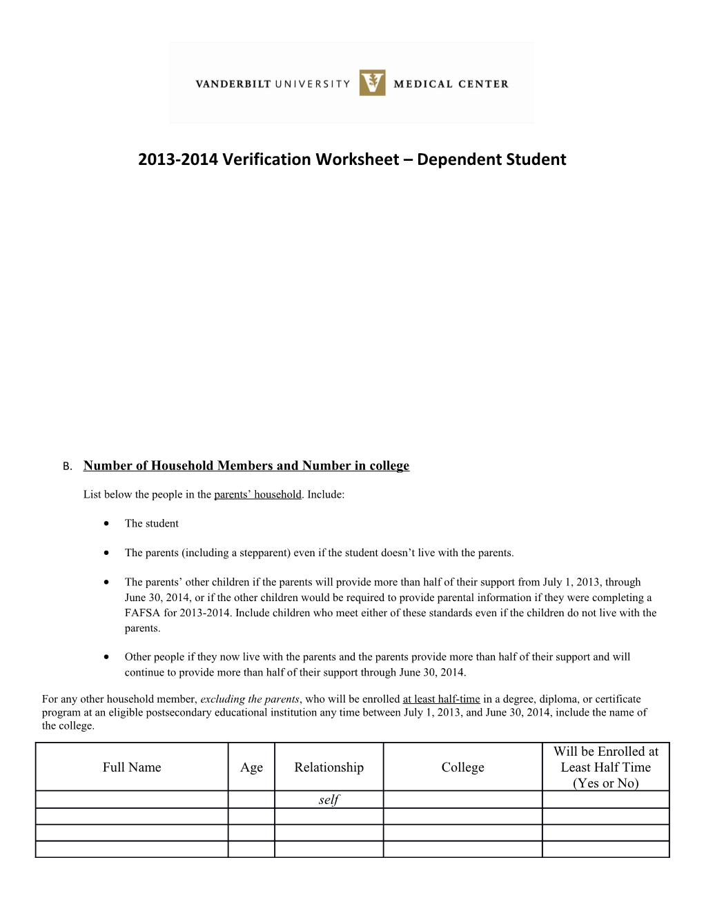 2013-2014 Verification Worksheet Dependent Student