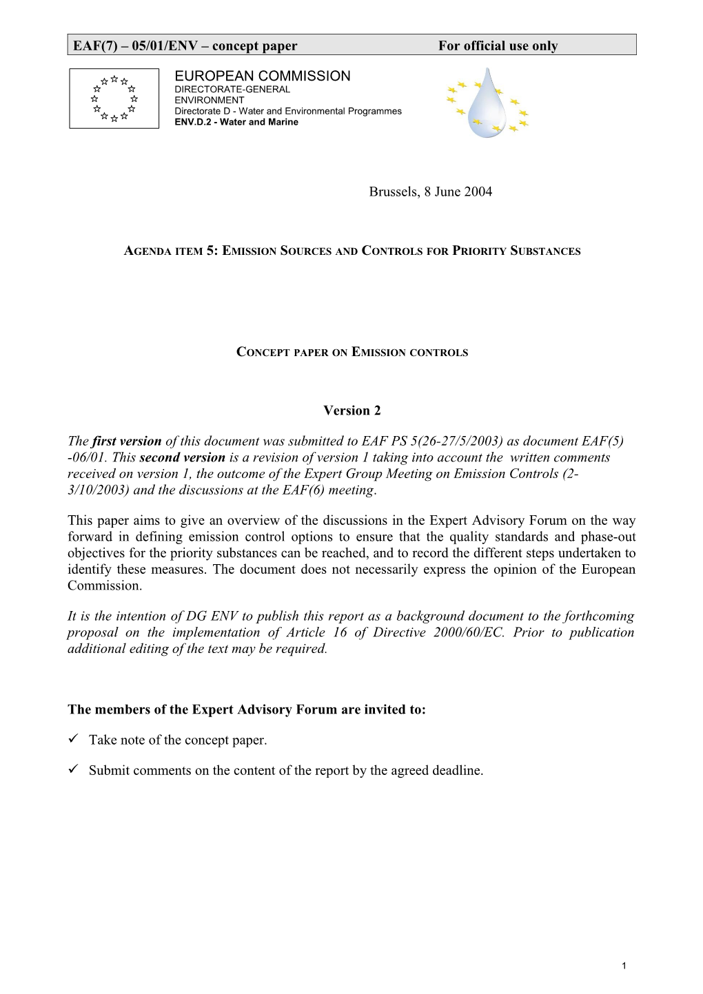 EAF(7) 05/01/ENV Concept Paper for Official Use Only