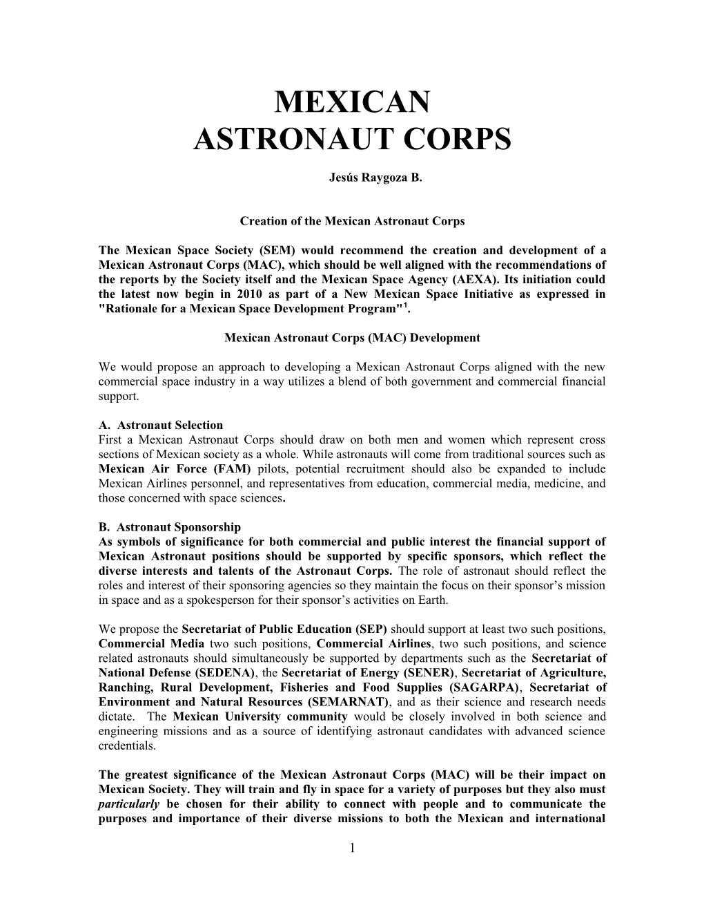 Creation of the Mexican Astronaut Corps