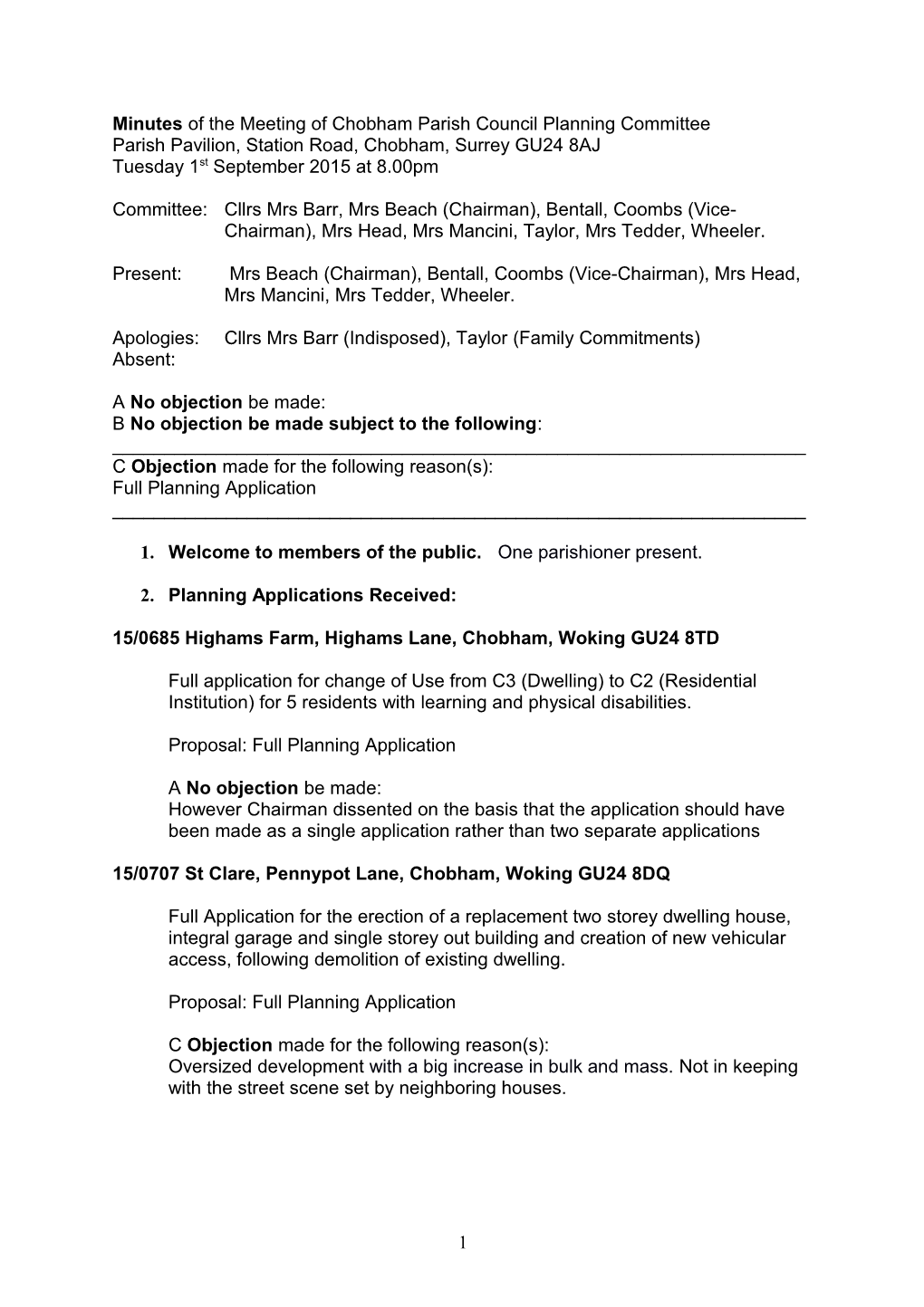 Minutes of the Meeting of Chobham Parish Council Planning Committee
