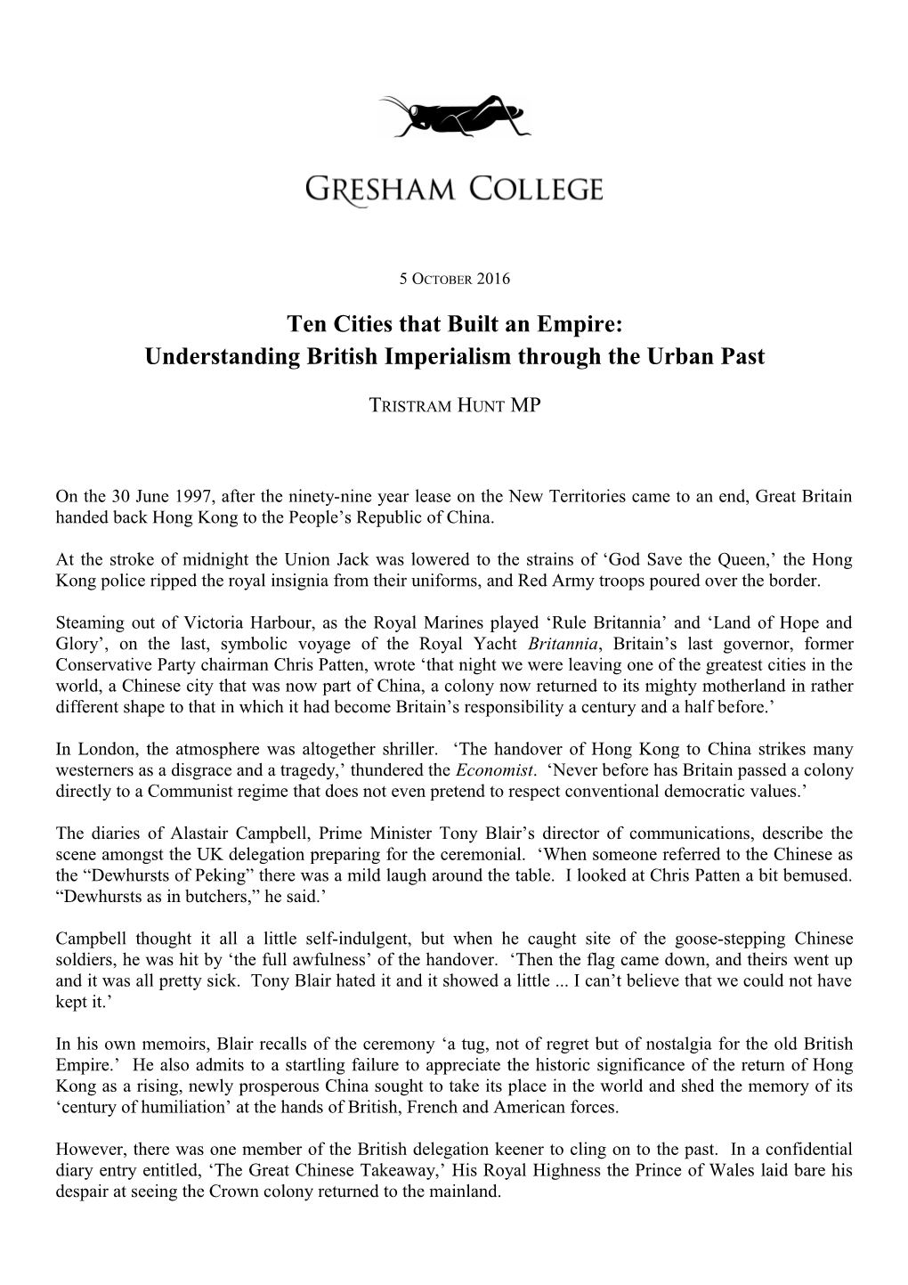 Ten Cities That Built an Empire: Understanding British Imperialism Through the Urban Past