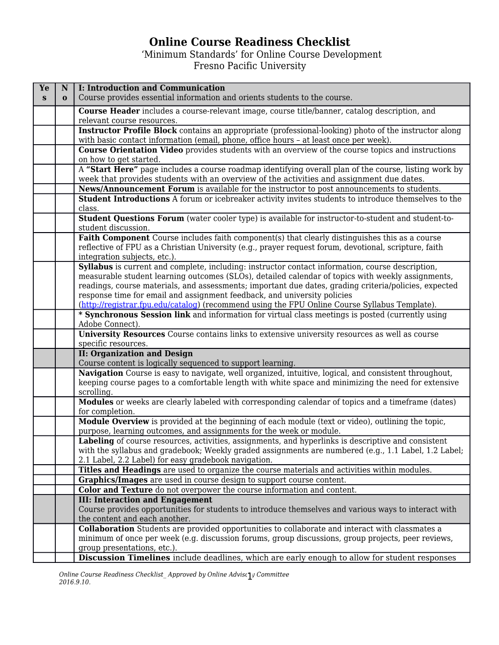 Online Course Readiness Checklist Minimum Standards for Online Course Development