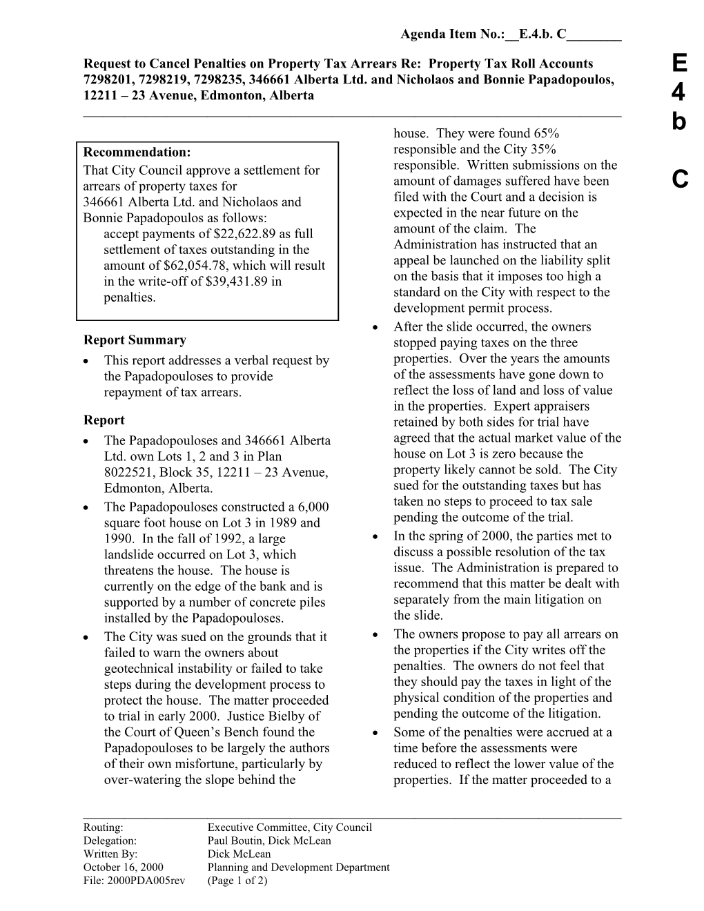 Report for Executive Committee October 25, 2000 Meeting