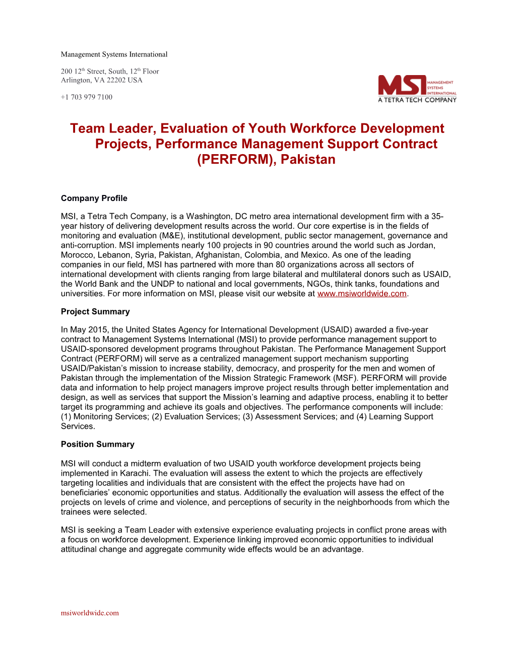 Team Leader, Evaluation of Youth Workforce Development Projects, Performance Management