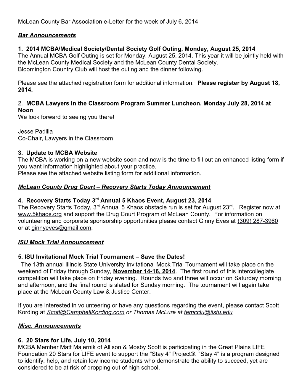 Mclean County Bar Association E-Letter for the Week of July 6, 2014