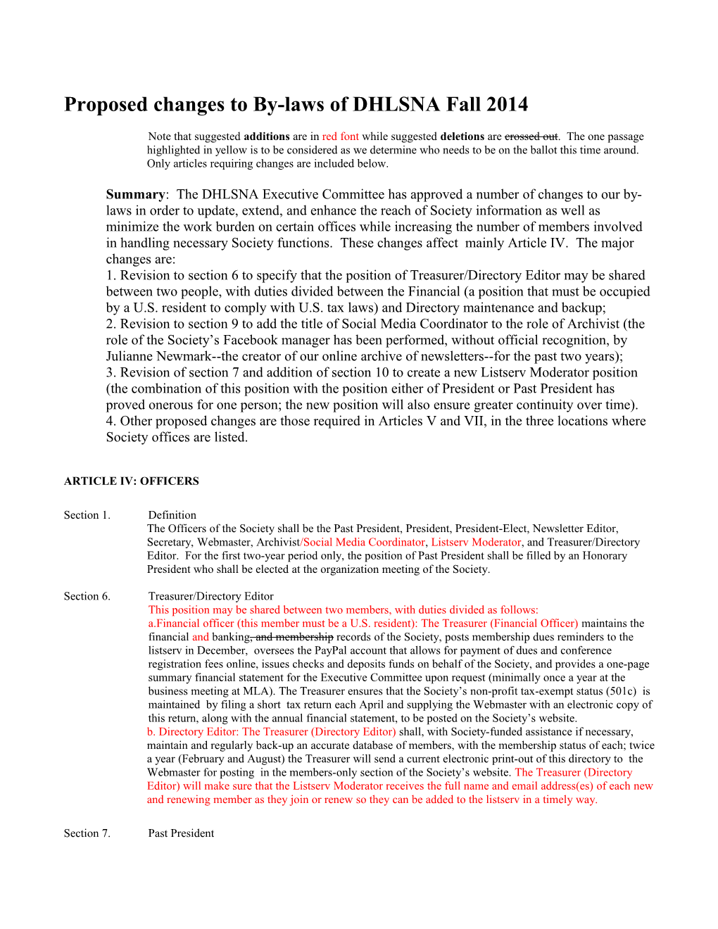 Proposed Changes to By-Laws of DHLSNA Fall 2012