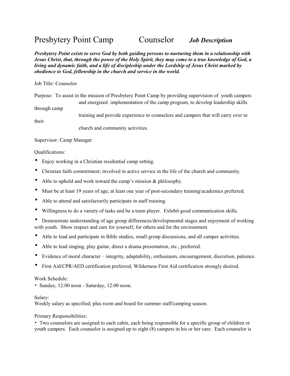 Presbytery Point Camp Counselor Job Description