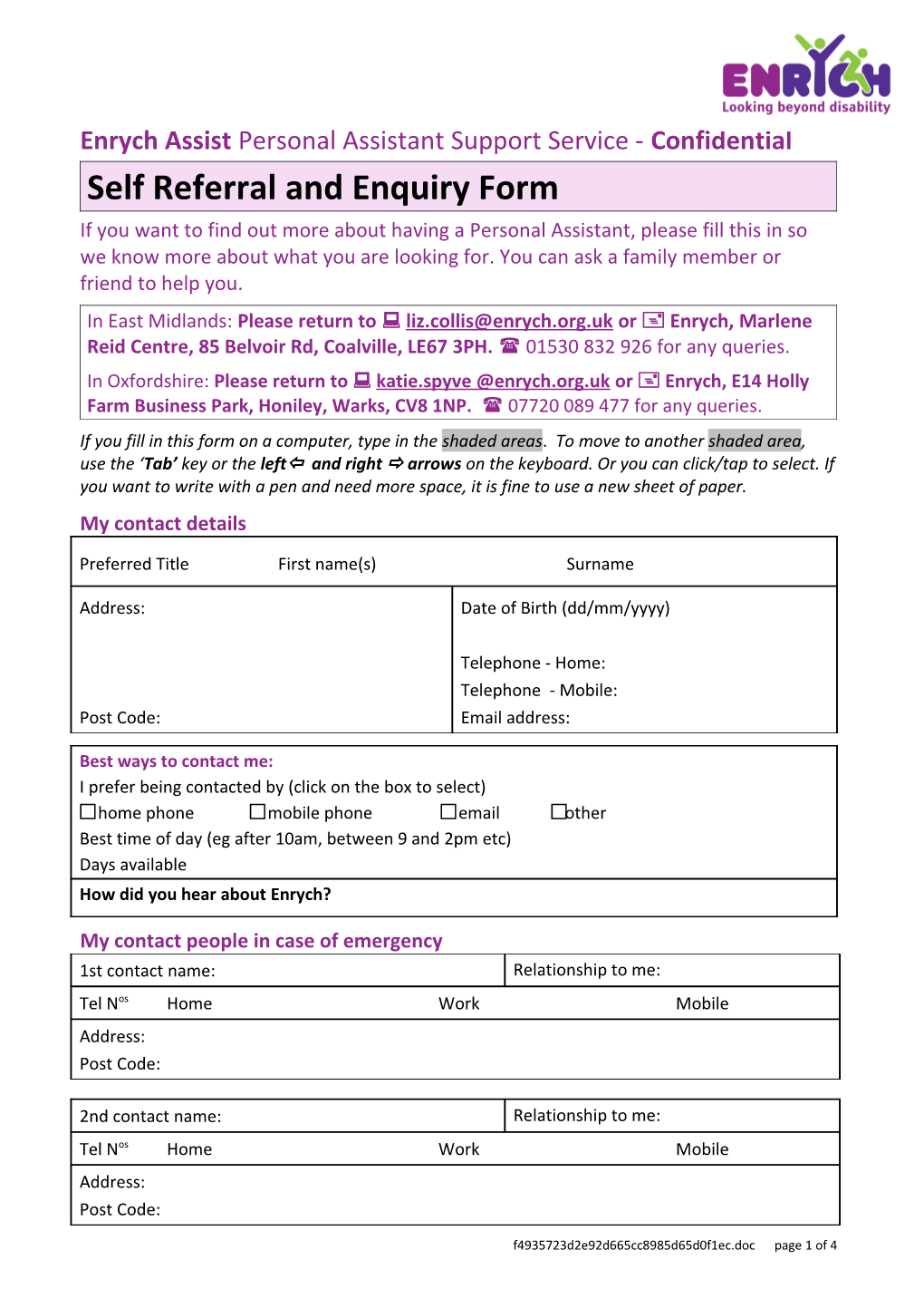 Self Referral and Enquiry Form