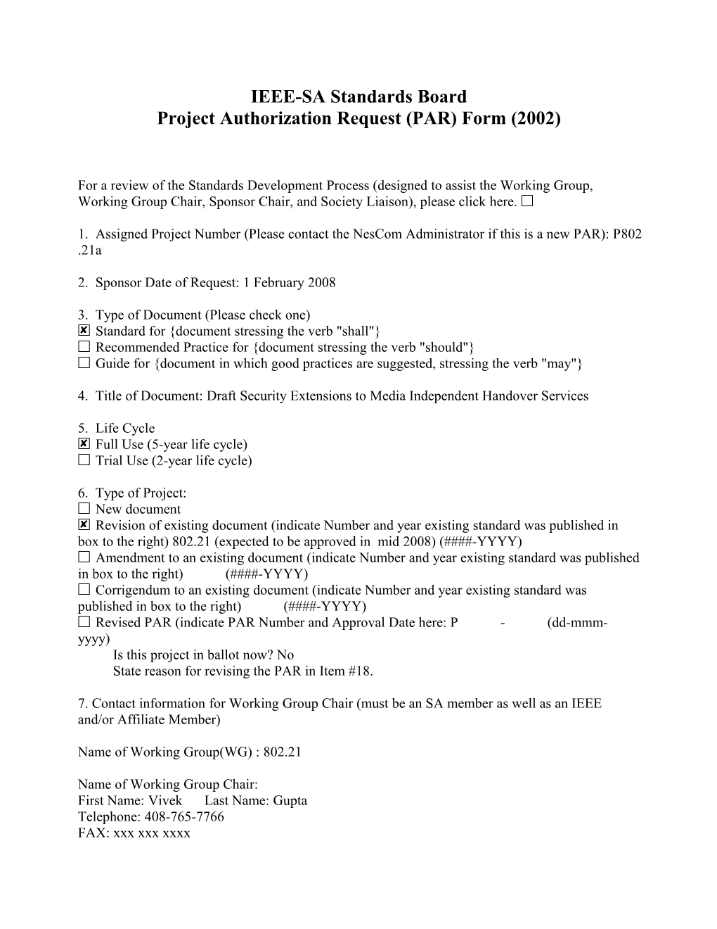IEEE-SA Standards Board Project Authorization Request (PAR) Form (2002)