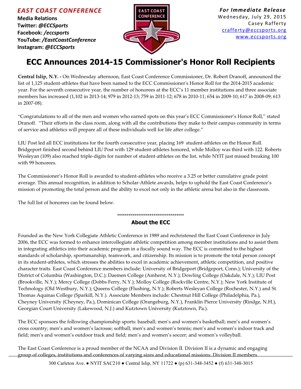 ECC Announces 2014-15 Commissioner's Honor Roll Recipients