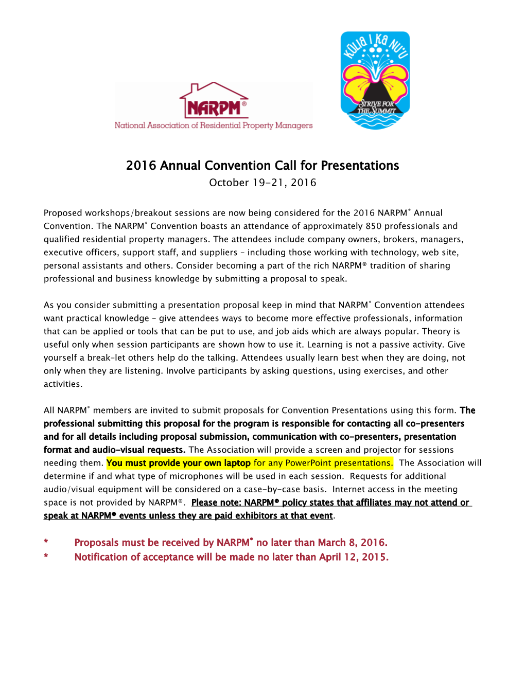 2016 Annual Convention Call for Presentations